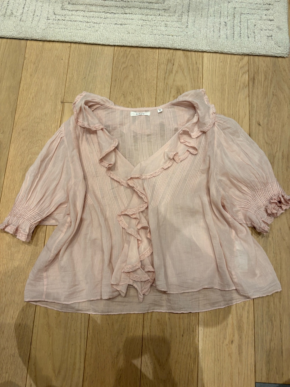 Doen Henri Blush Pink Ruffled V-Neck Puff Sleeve Blouse